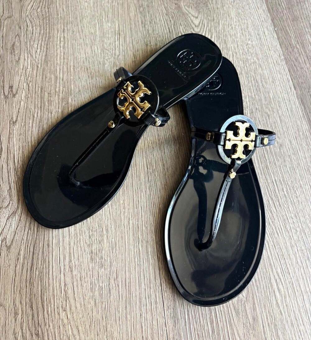 Tory Burch Women’s Black Thong Sandals Gold Logo TPU Slip On US 7